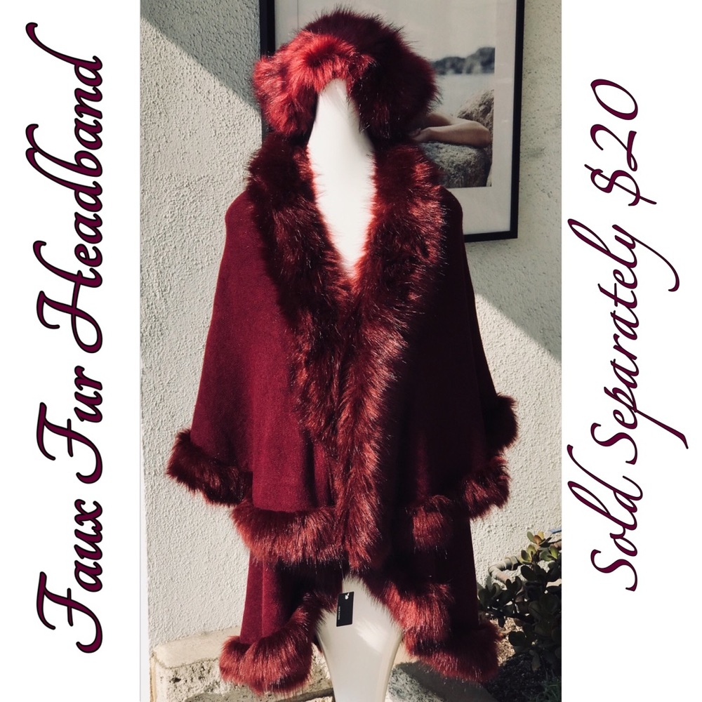 LUXURY Burgundy Wine Colored Double Layer Faux Fur CAPE Coat - Picture 2 of 8